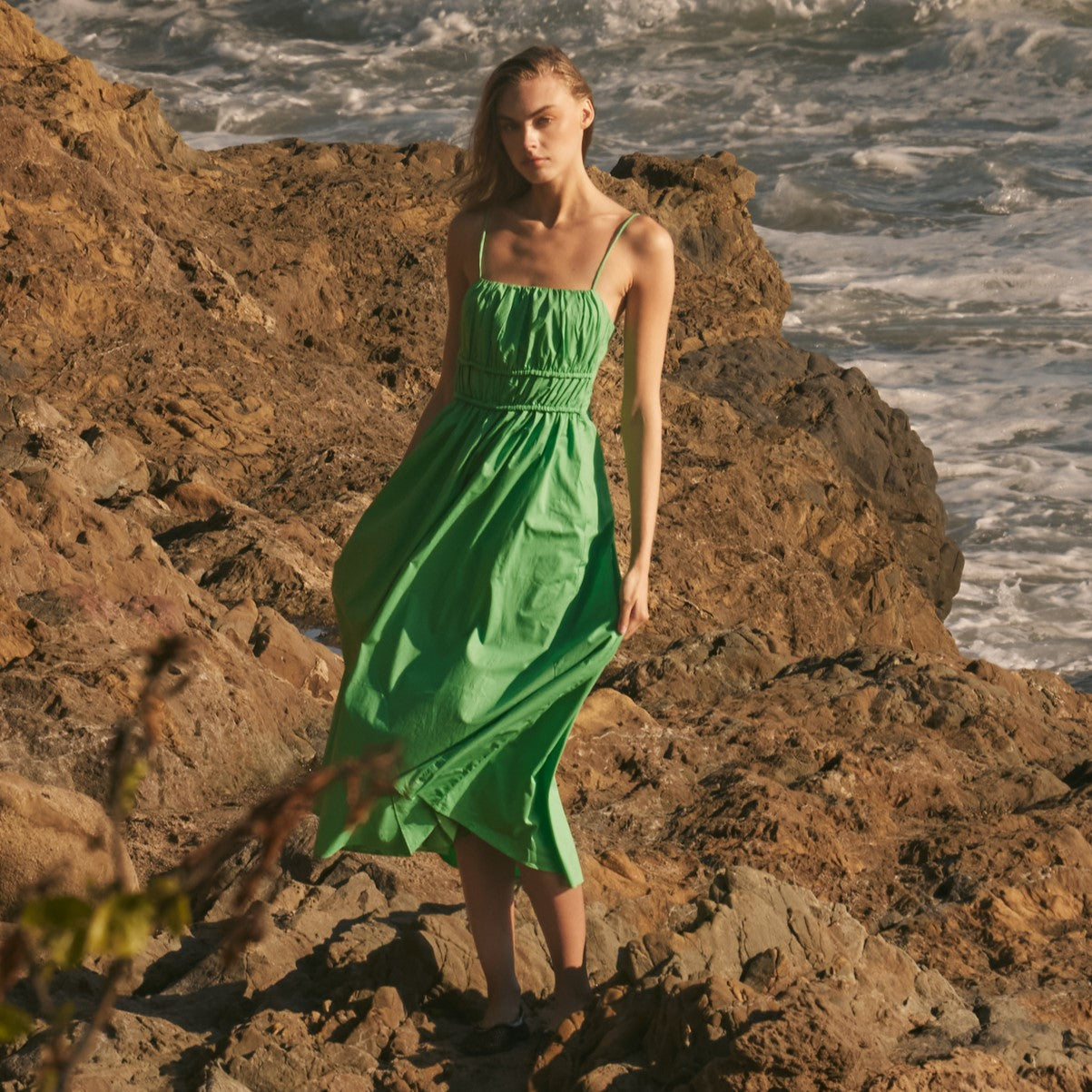 Ruched Bust Smocked Back Poplin Sleeveless Maxi Dress
