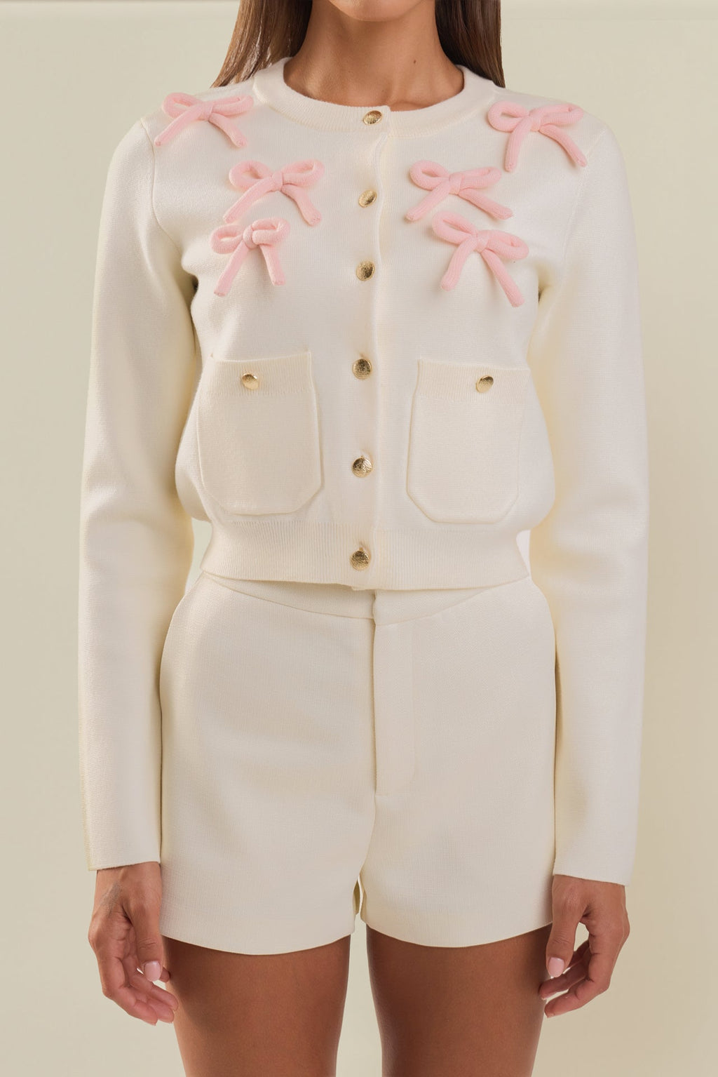 Collared Long Sleeve Button-Front Bow Pocket Knit Cardigan