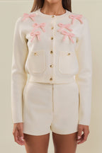 Collared Long Sleeve Button-Front Bow Pocket Knit Cardigan