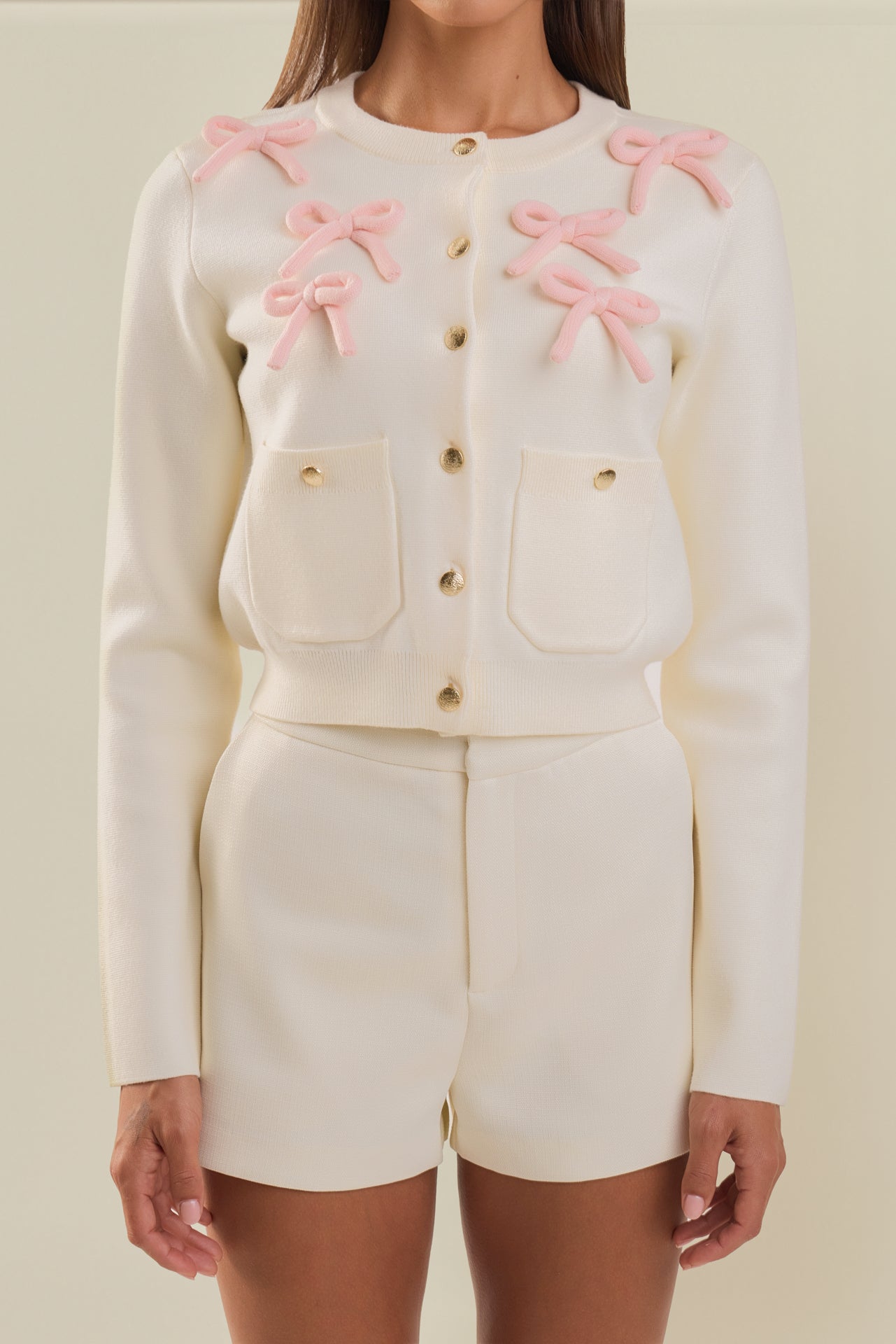 Collared Long Sleeve Button-Front Bow Pocket Knit Cardigan