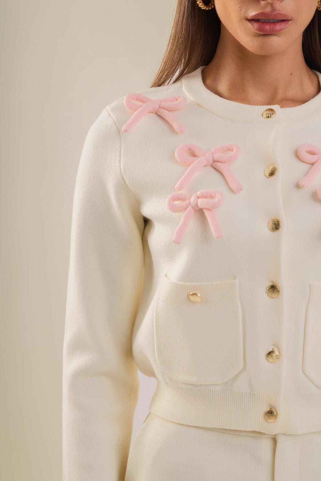 Collared Long Sleeve Button-Front Bow Pocket Knit Cardigan