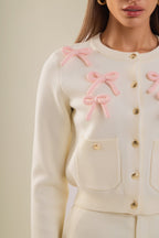 Collared Long Sleeve Button-Front Bow Pocket Knit Cardigan