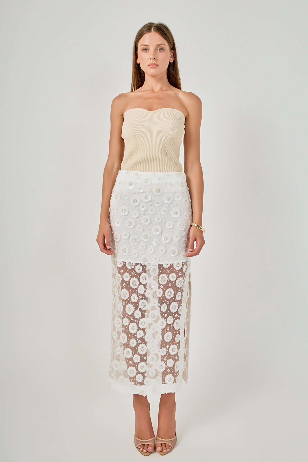 Floral Sequin Sheer Overlay Fitted Back Slit Midi Skirt