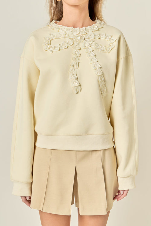 Beaded Pearl Ribbon Neck Trim Oversized Pullover Sweatshirt