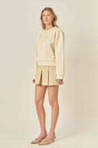 Beaded Pearl Ribbon Neck Trim Oversized Pullover Sweatshirt