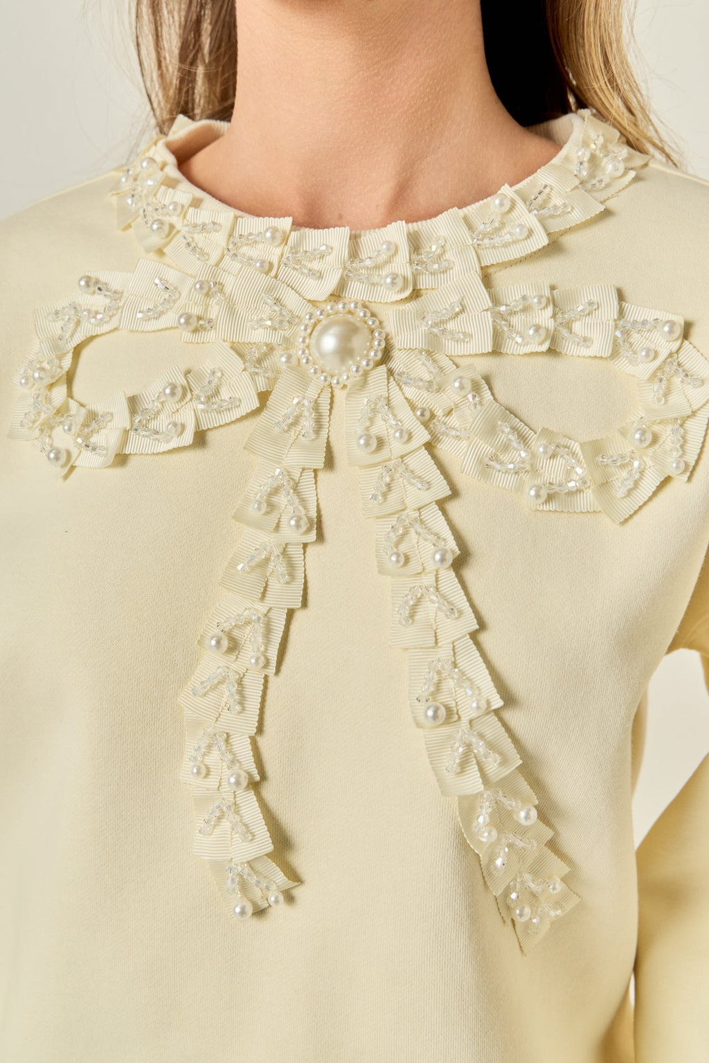 Beaded Pearl Ribbon Neck Trim Oversized Pullover Sweatshirt