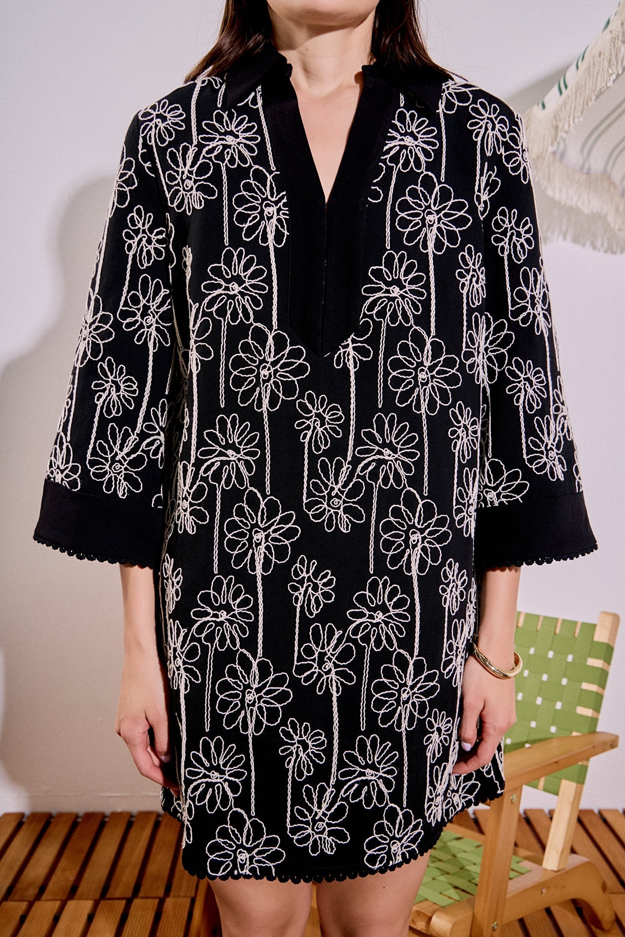 Floral Embroidered V-Neck Bell Sleeve Crochet Trim Mini Dress