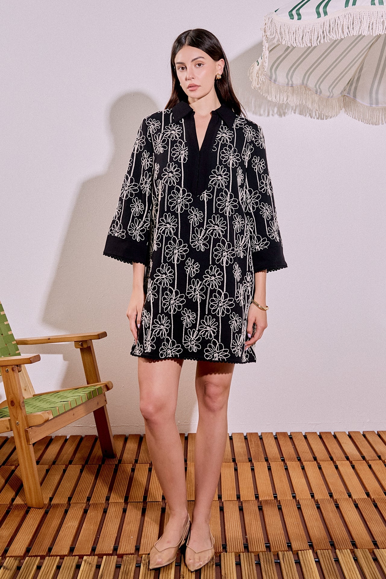 Floral Embroidered V-Neck Bell Sleeve Crochet Trim Mini Dress