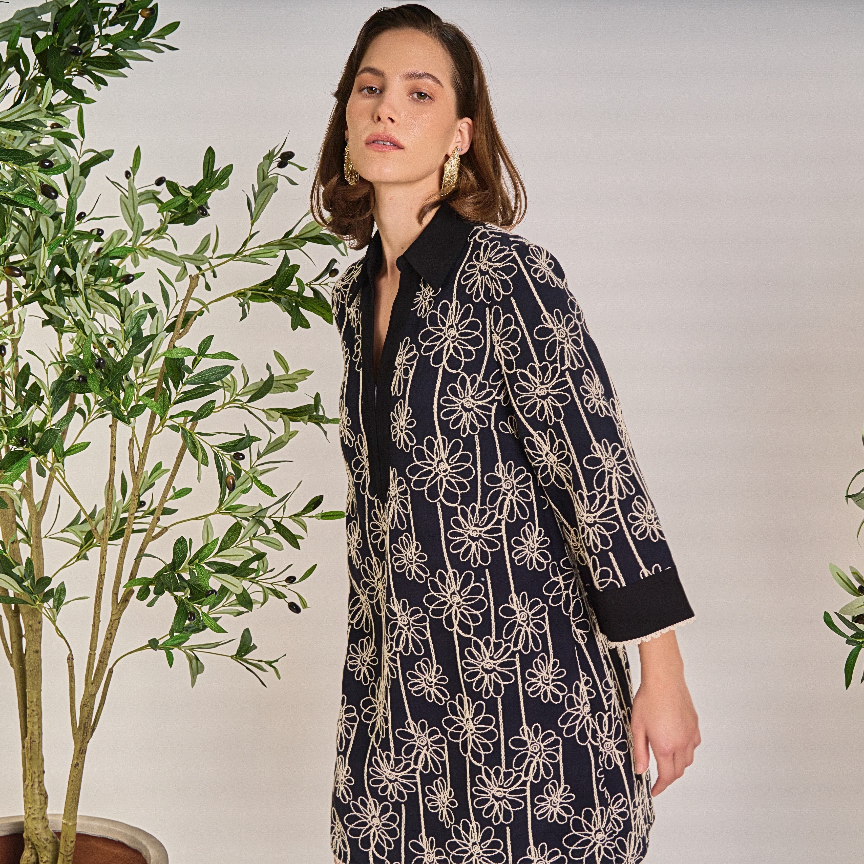 Floral Embroidered V-Neck Bell Sleeve Crochet Trim Mini Dress