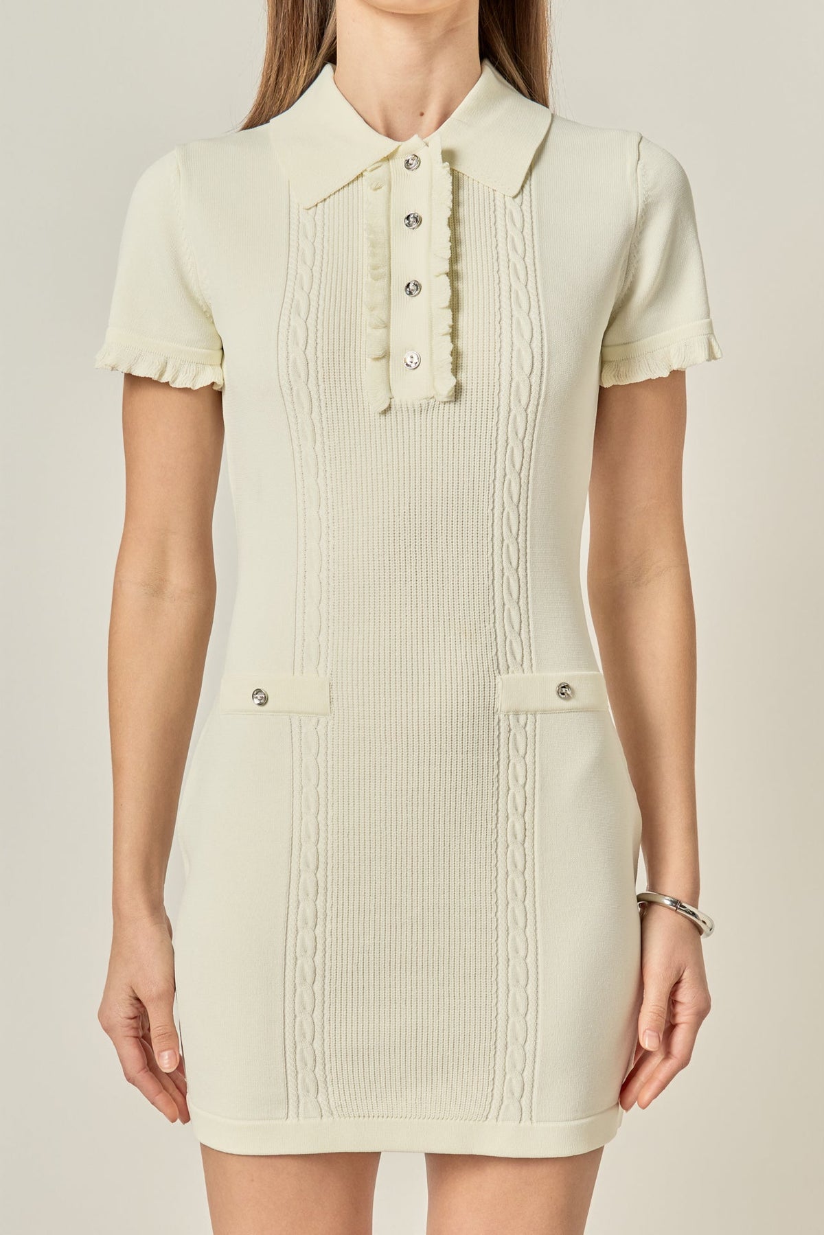 Ruffle Placket Cable Knit Collared Crystal Button Mini Dress