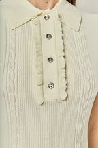 Ruffle Placket Cable Knit Collared Crystal Button Mini Dress