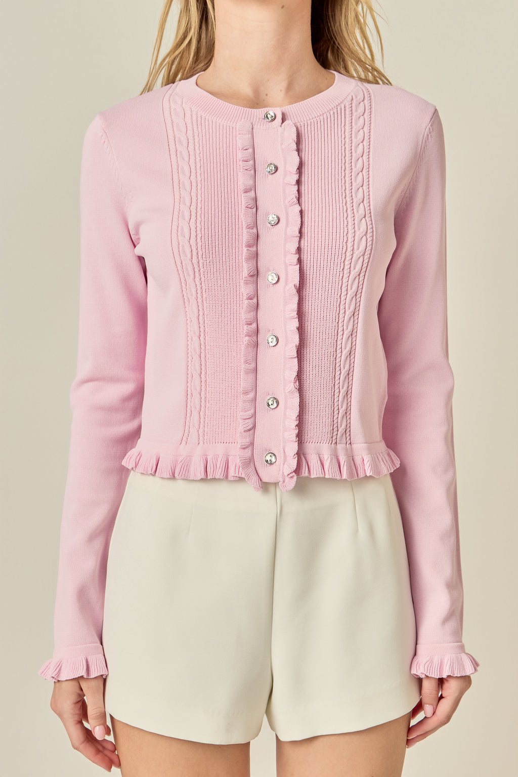 Ruffle Placket Hem Long Sleeve Button-Front Ribbed Knit Cardigan