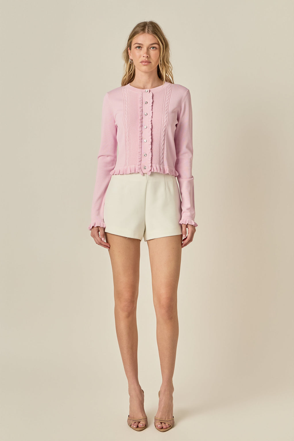 Ruffle Placket Hem Long Sleeve Button-Front Ribbed Knit Cardigan