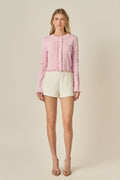Ruffle Placket Hem Long Sleeve Button-Front Ribbed Knit Cardigan