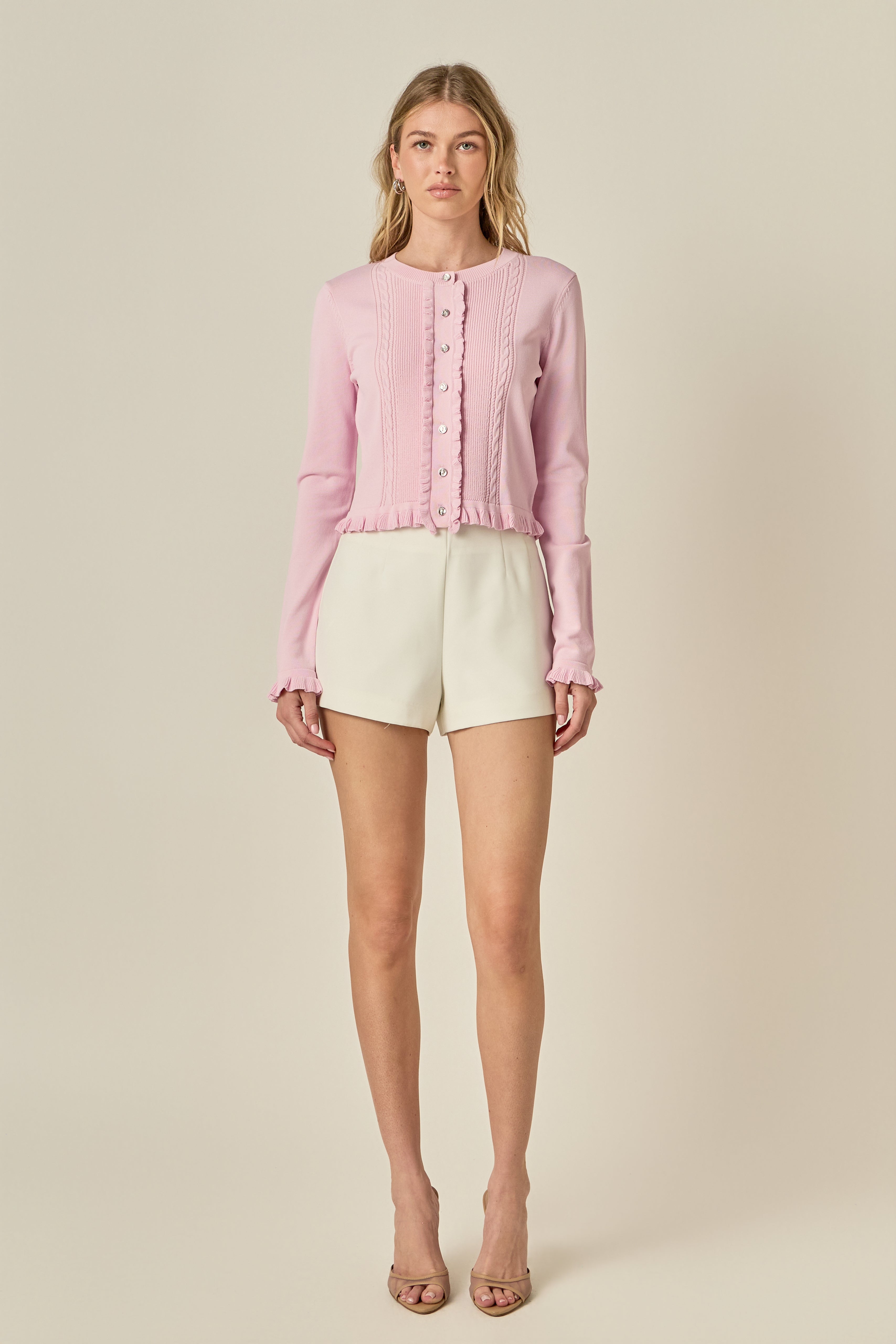 Ruffle Placket Hem Long Sleeve Button-Front Ribbed Knit Cardigan