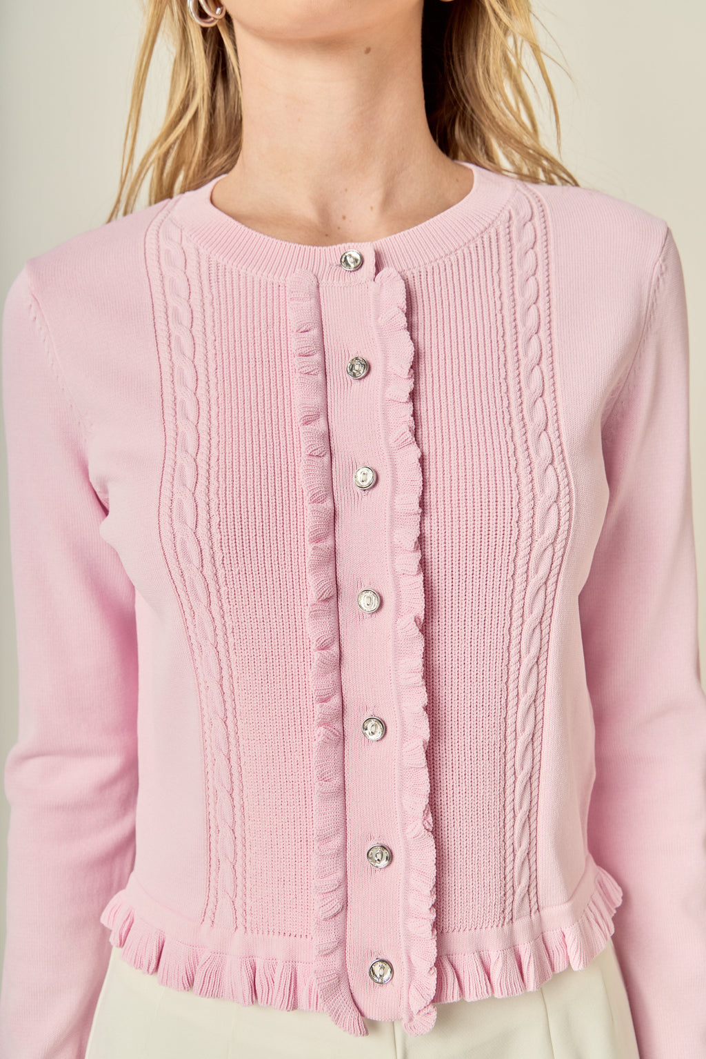 Ruffle Placket Hem Long Sleeve Button-Front Ribbed Knit Cardigan