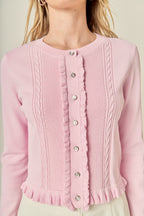 Ruffle Placket Hem Long Sleeve Button-Front Ribbed Knit Cardigan