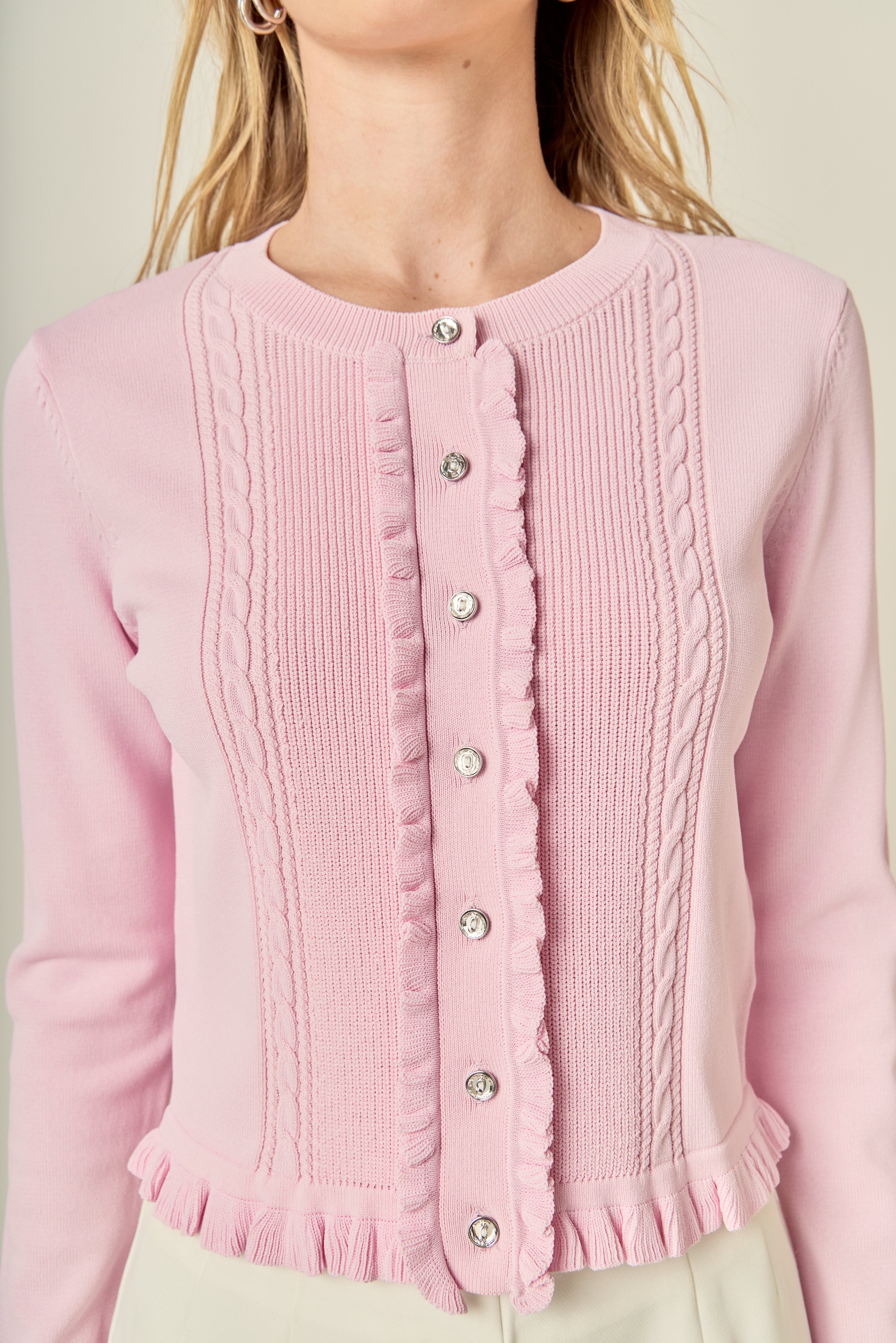Ruffle Placket Hem Long Sleeve Button-Front Ribbed Knit Cardigan