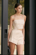 High-Waisted Linen Embroidered Soutache Scalloped Hem Shorts