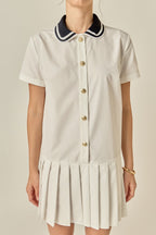 Contrast Polo Collar Drop-Waist Knife-Pleated Poplin Mini Dress