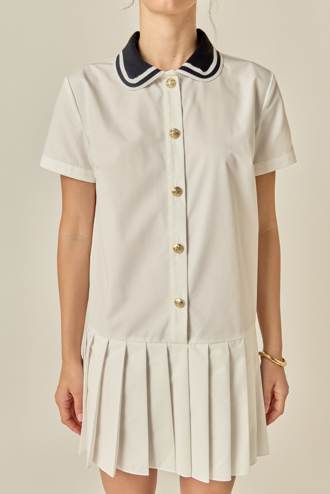 Contrast Polo Collar Drop-Waist Knife-Pleated Poplin Mini Dress