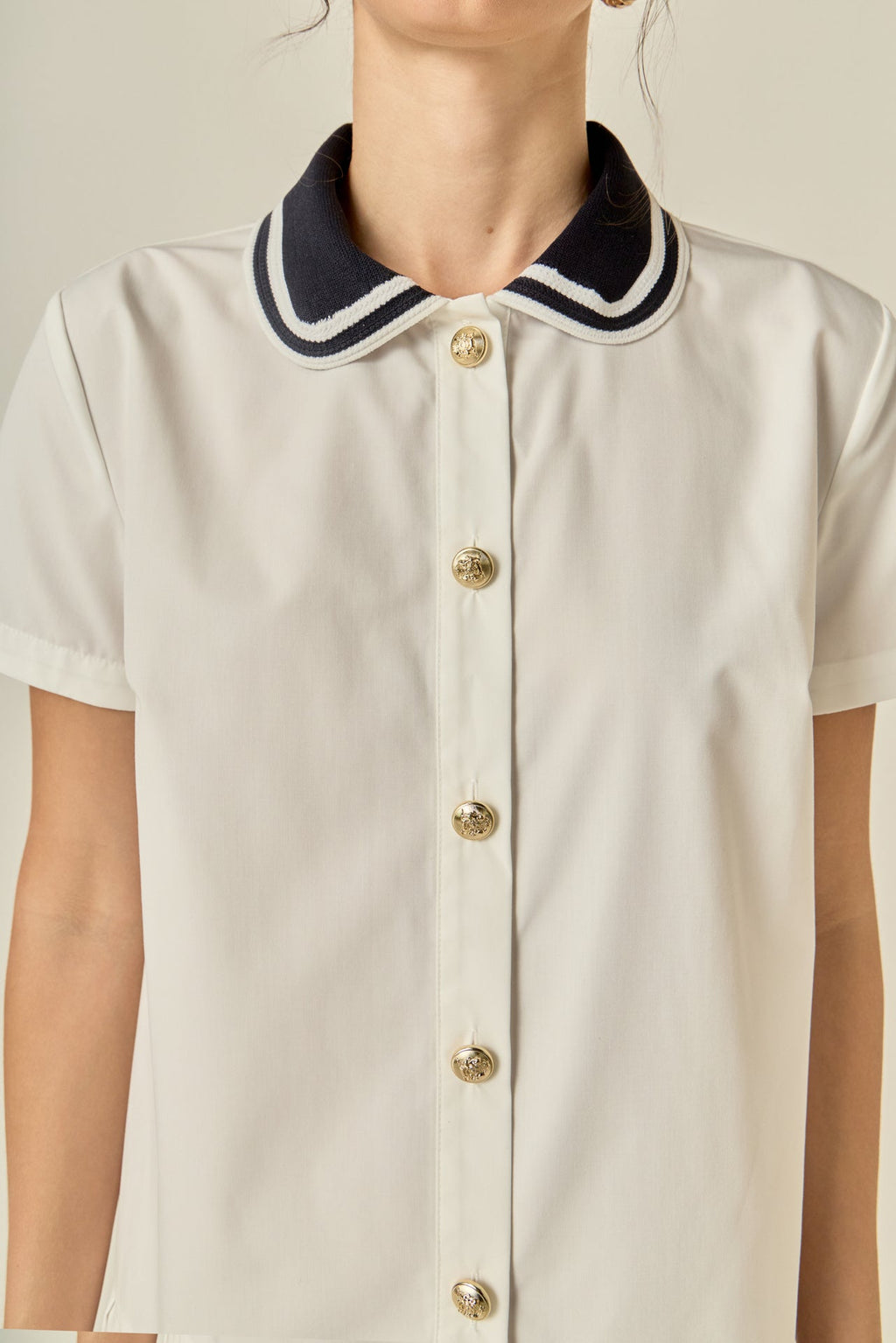 Contrast Polo Collar Drop-Waist Knife-Pleated Poplin Mini Dress