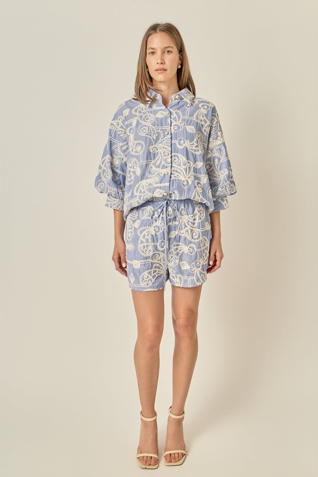 Allover Cord Embroidery Blue White Pinstripe Drawstring Shorts