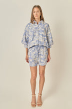 Allover Cord Embroidery Blue White Pinstripe Drawstring Shorts