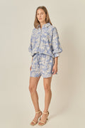 Allover Cord Embroidery Blue White Pinstripe Drawstring Shorts