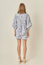 Allover Cord Embroidery Blue White Pinstripe Drawstring Shorts