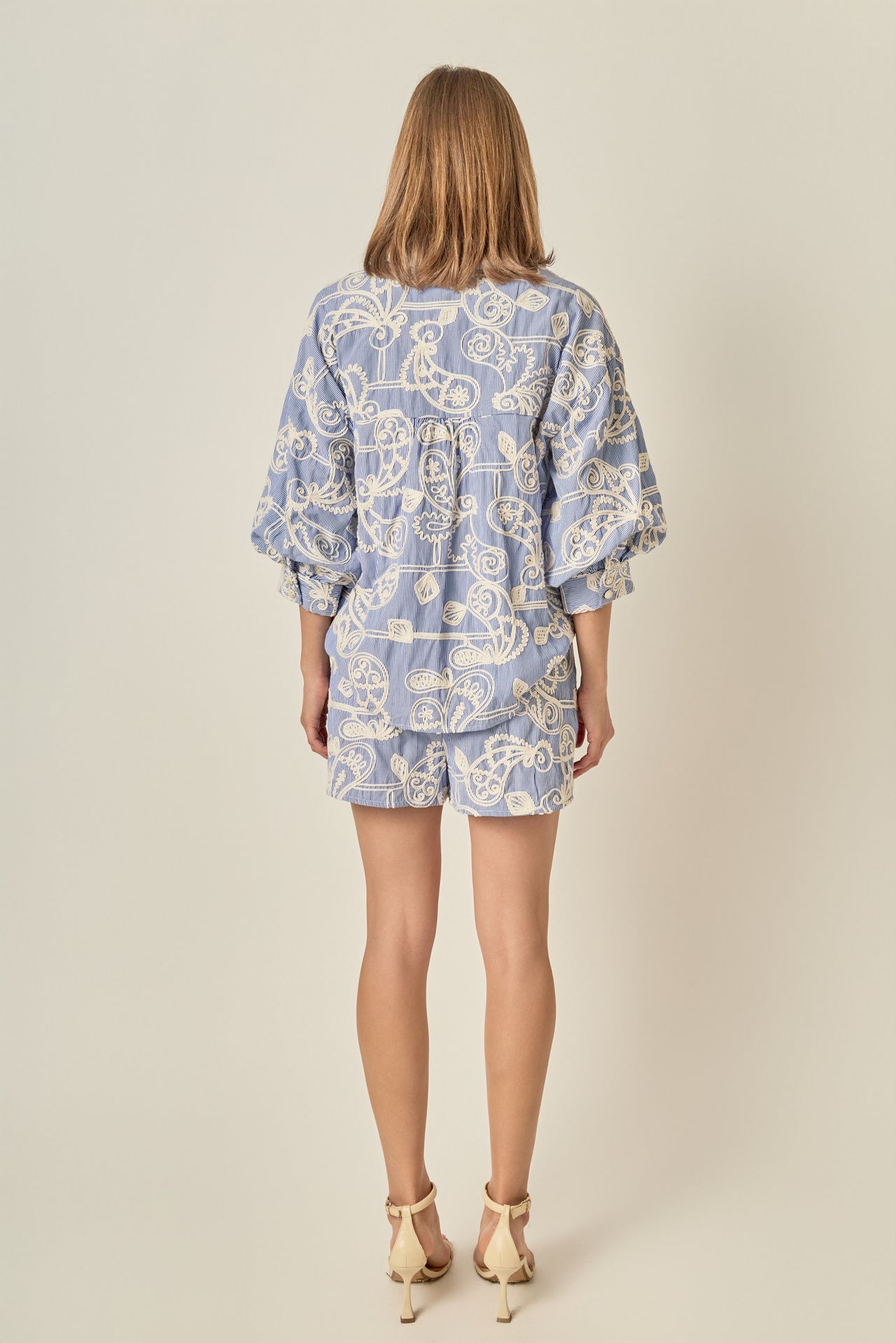 Allover Cord Embroidery Blue White Pinstripe Drawstring Shorts