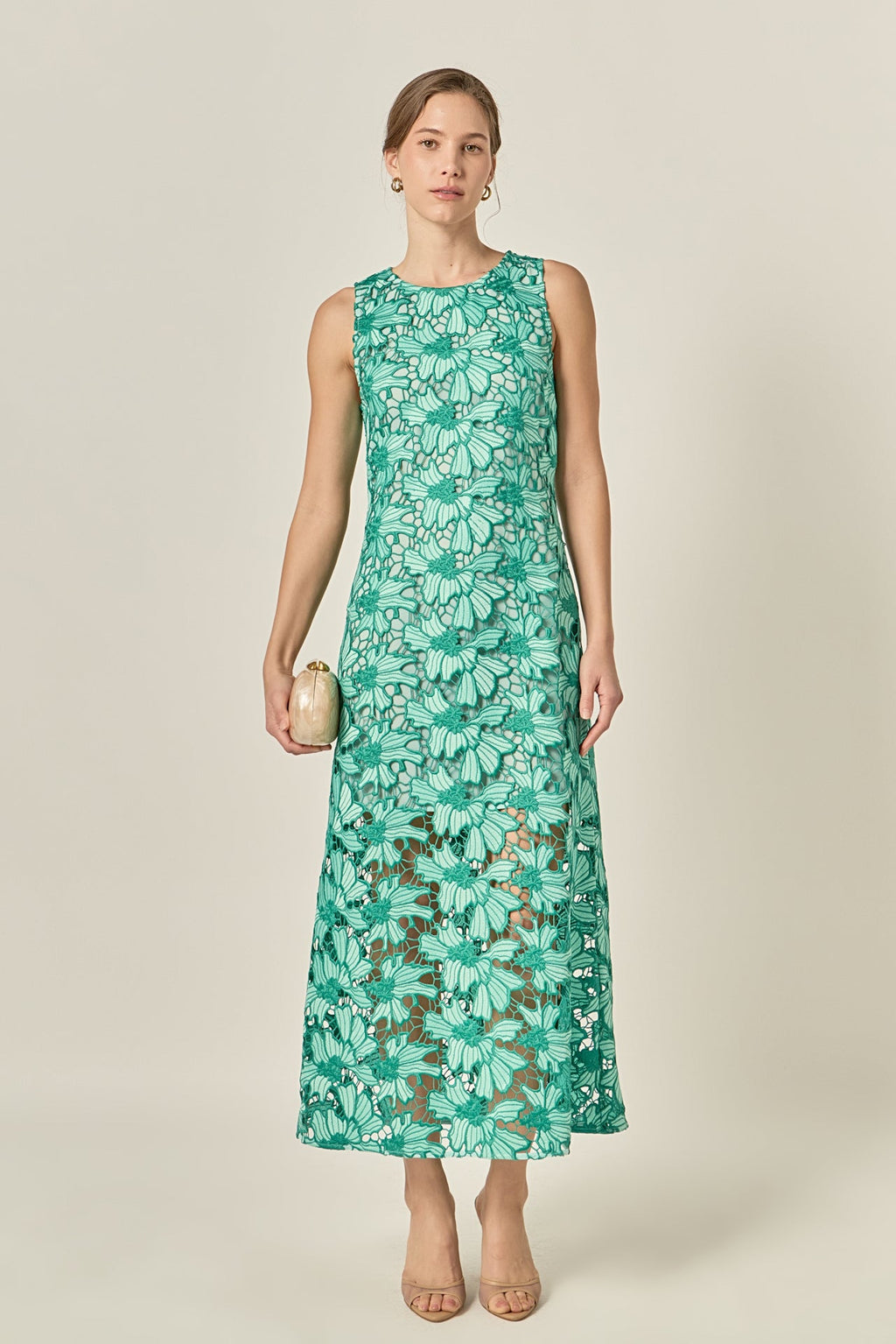 Floral Embroidered Sleeveless Sheath Polyester Midi Dress