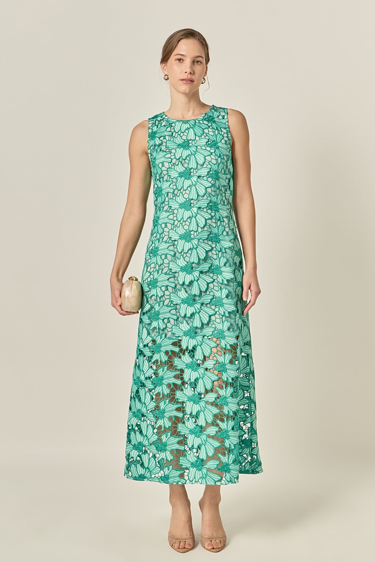 Floral Embroidered Sleeveless Sheath Polyester Midi Dress