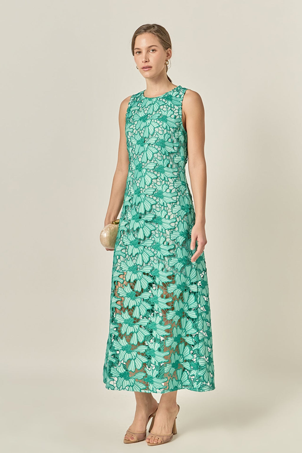 Floral Embroidered Sleeveless Sheath Polyester Midi Dress