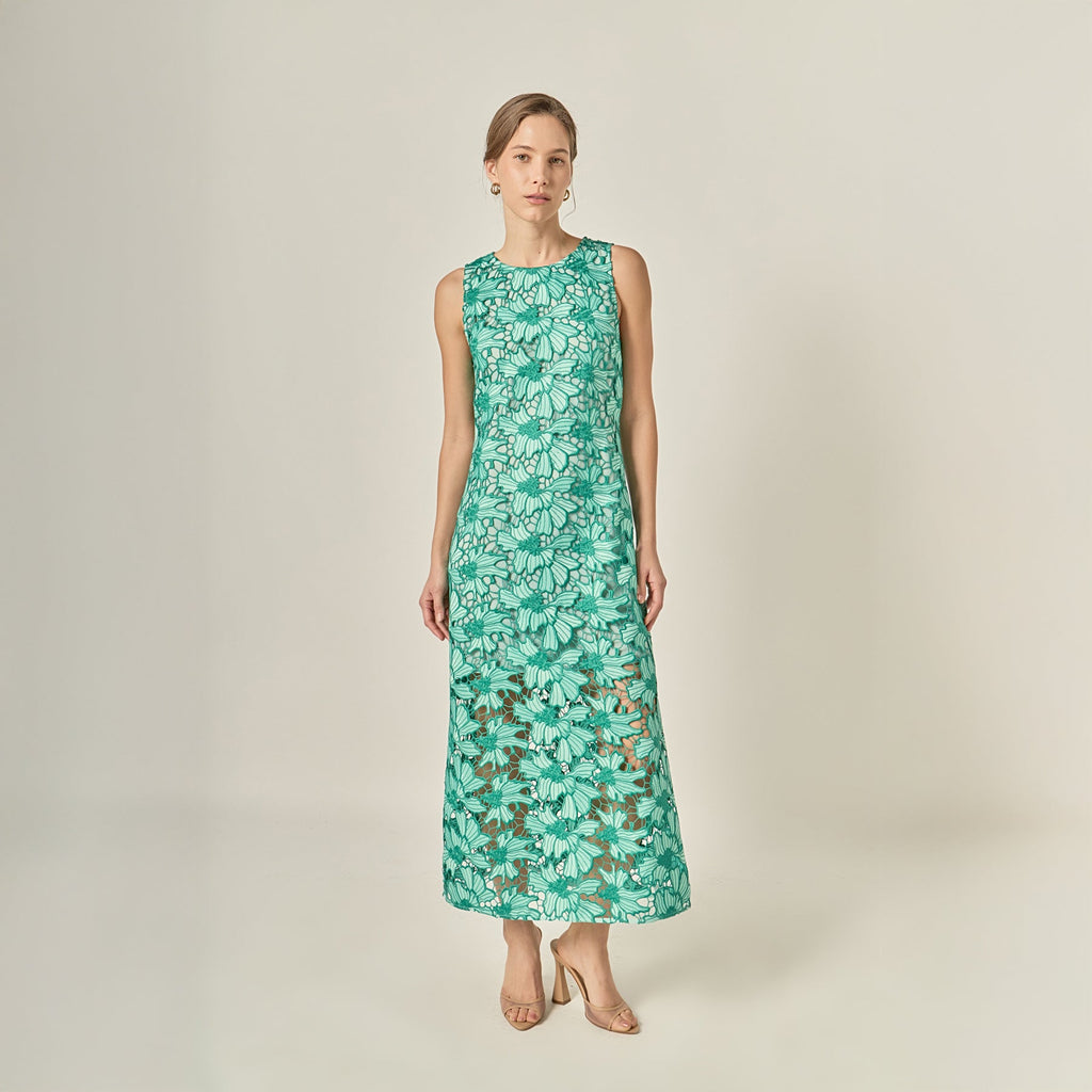 Floral Embroidered Sleeveless Sheath Polyester Midi Dress
