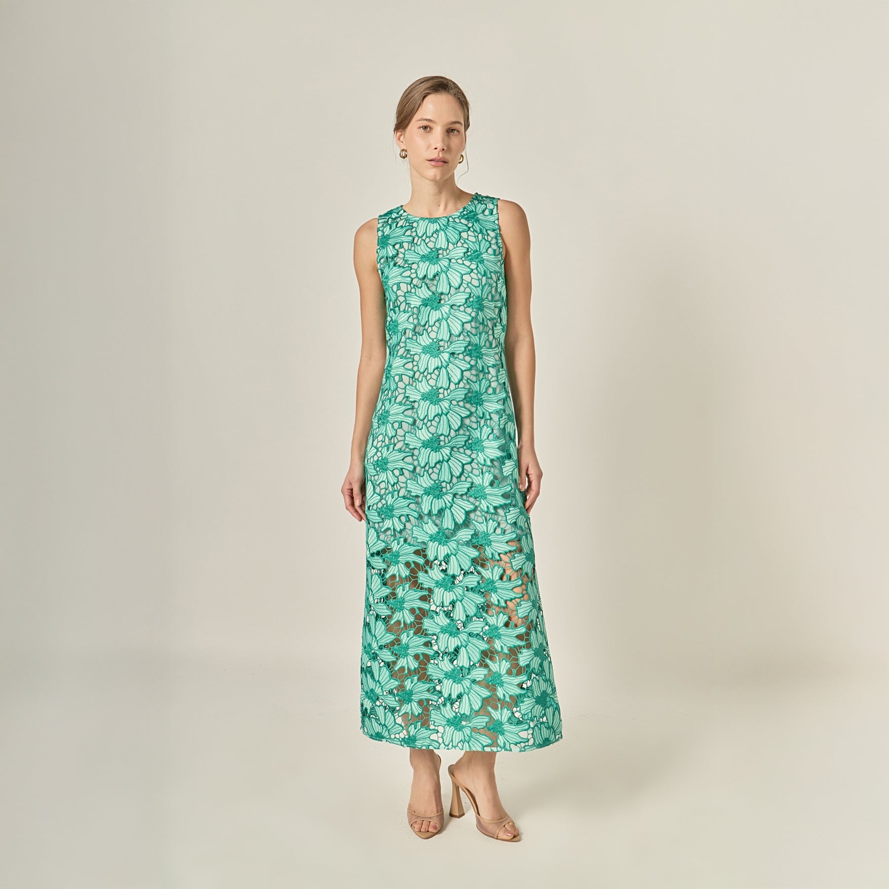 Floral Embroidered Sleeveless Sheath Polyester Midi Dress