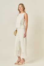 High-Rise Wide Leg Fringe Hem Textured Knit Pull-On Pants
