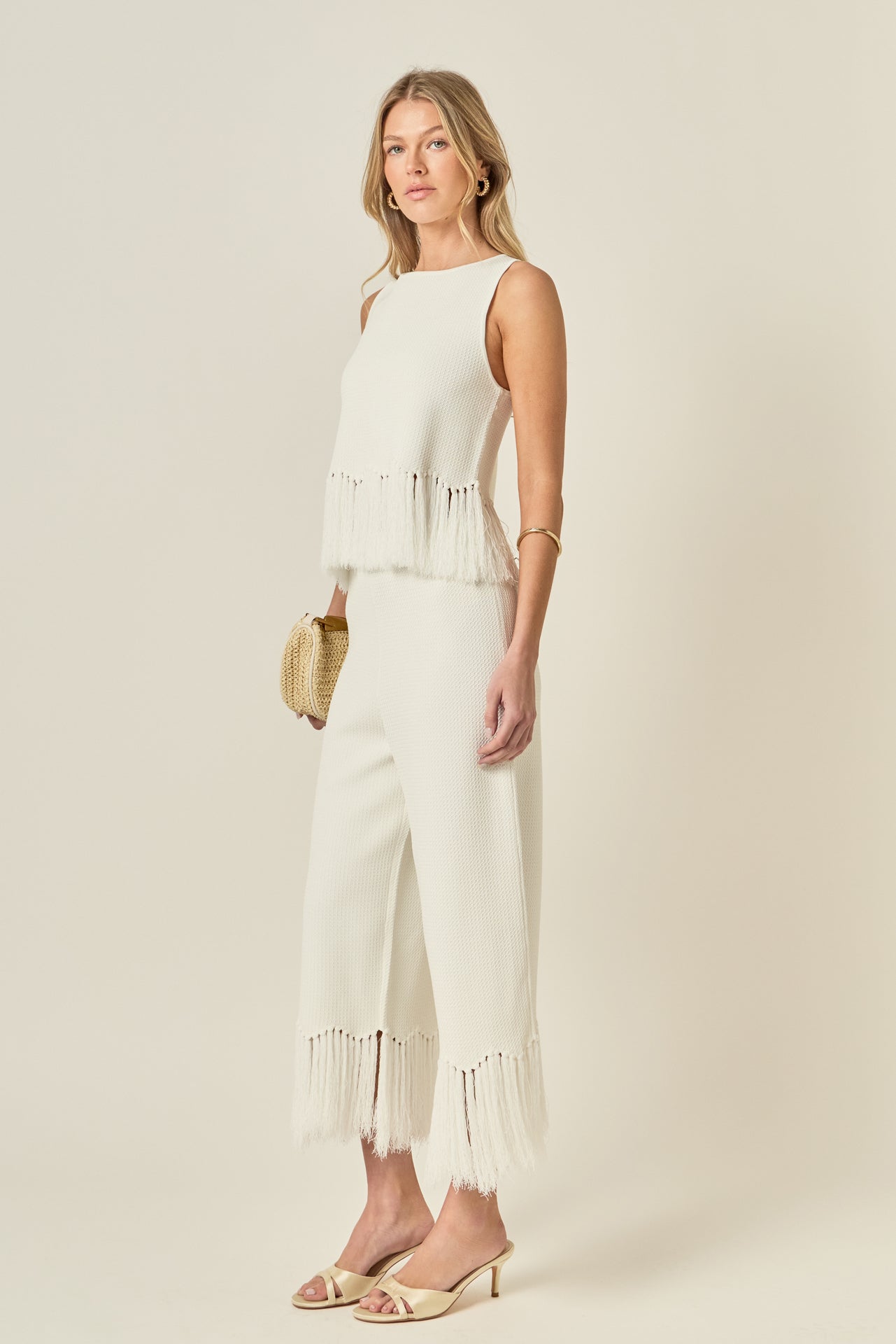 High-Rise Wide Leg Fringe Hem Textured Knit Pull-On Pants