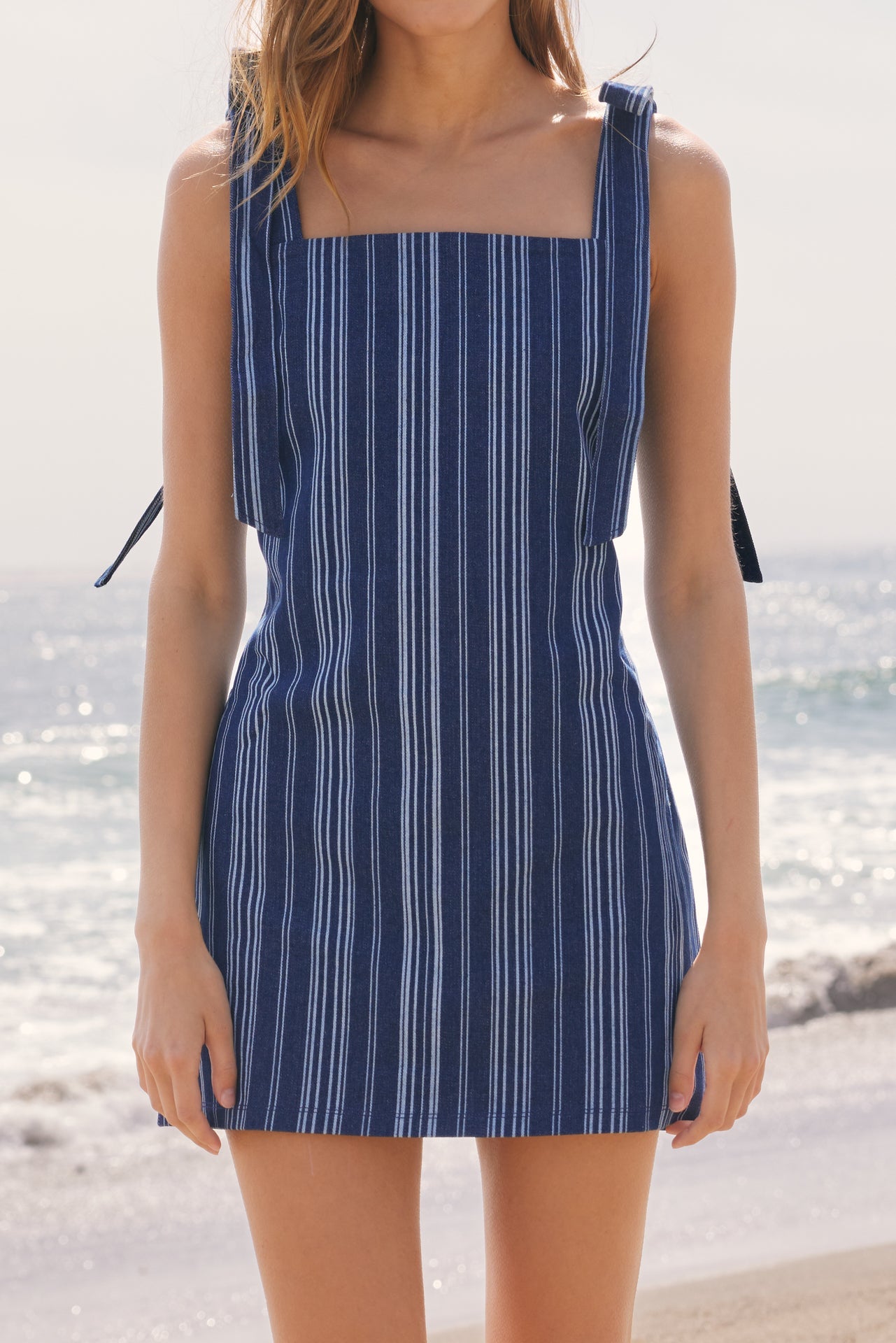 Denim Stripe Bow Shoulder Sleeveless Mini Dress