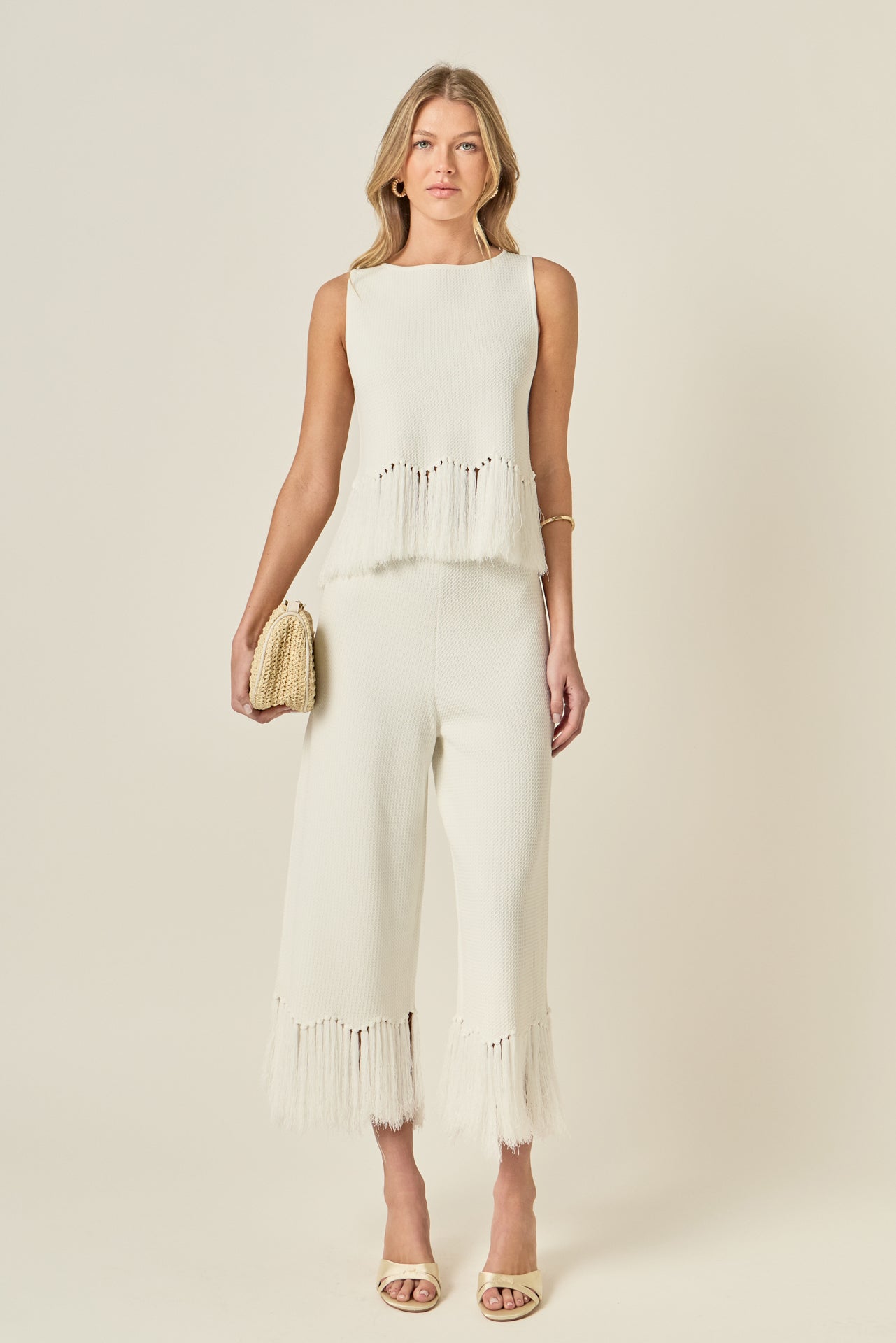 High-Rise Wide Leg Fringe Hem Textured Knit Pull-On Pants