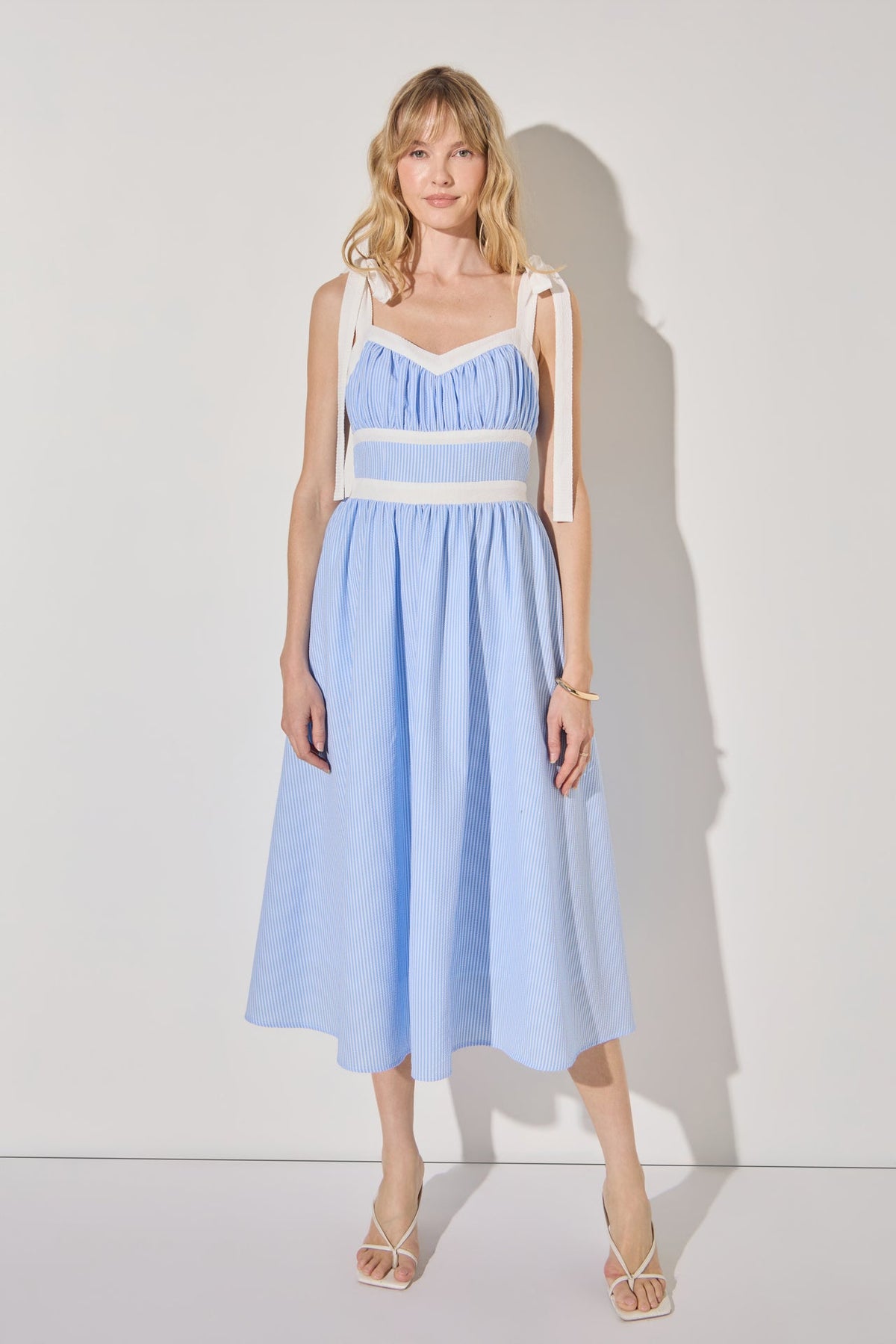 Seersucker Stripe Bow Tie Shoulder Smocked Waist Midi Dress