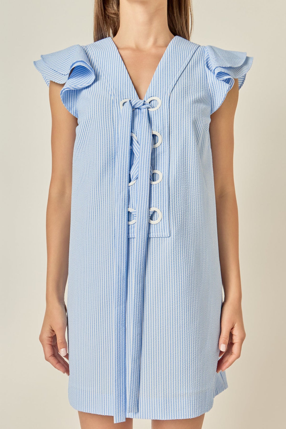 Lace-Up Eyelet Seersucker Flutter Sleeve Mini Dress