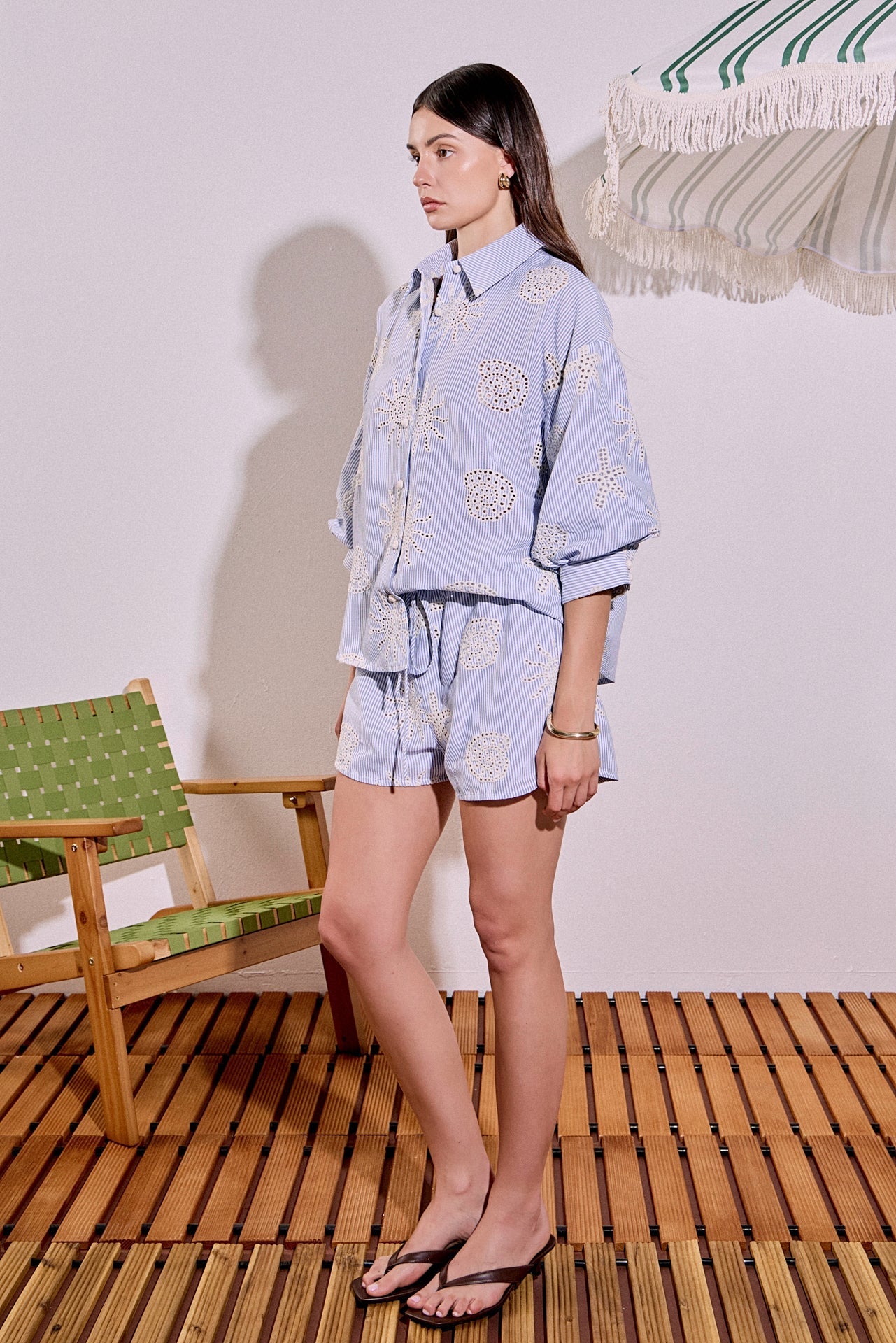 Striped Linen Embroidery Detail Relaxed Drawstring Shorts