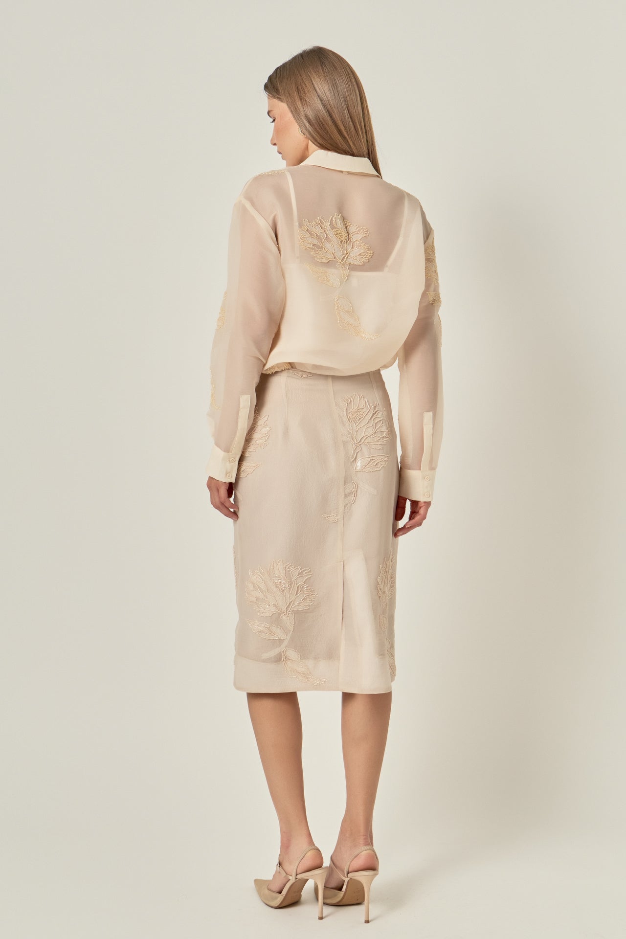 Beaded Floral H-Line Sheer Knee-Length Midi Skirt