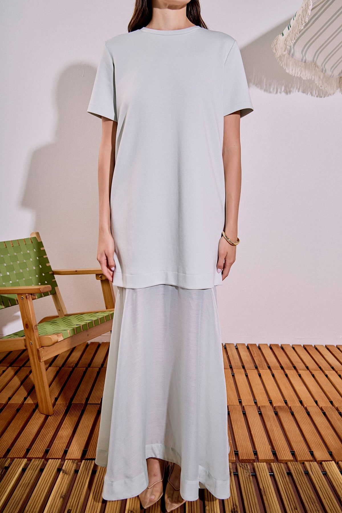 Sheer Organza Hem Scuba Jersey Short Sleeve Maxi Dress