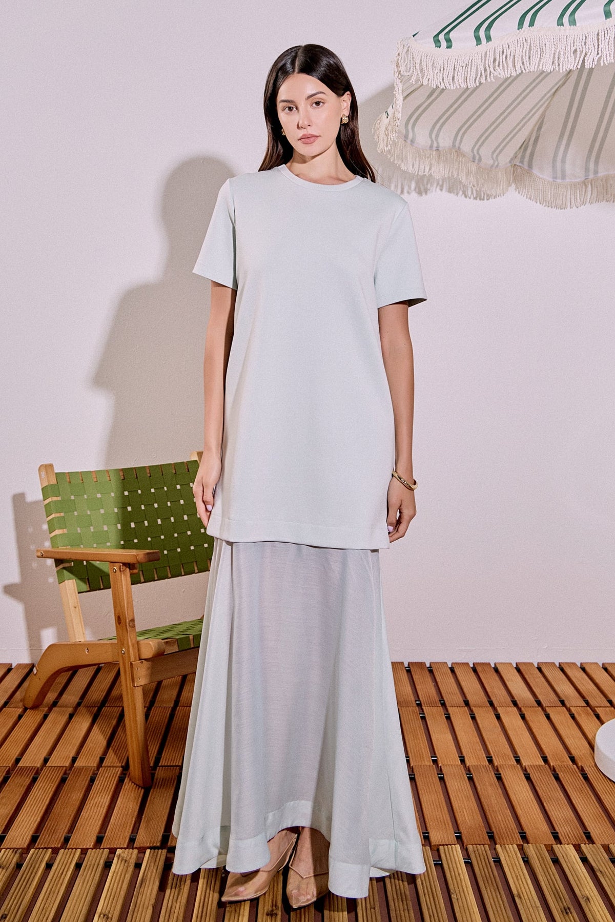 Sheer Organza Hem Scuba Jersey Short Sleeve Maxi Dress