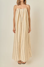 Strapless Pintuck Pleated Column Striped Woven Maxi Dress