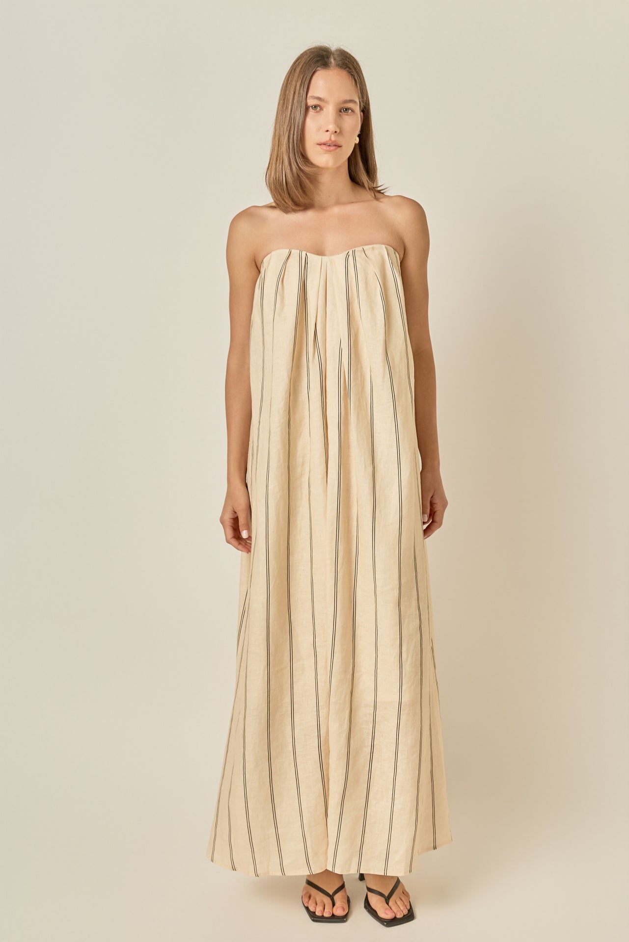 Strapless Pintuck Pleated Column Striped Woven Maxi Dress