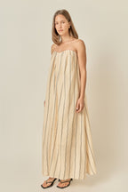 Strapless Pintuck Pleated Column Striped Woven Maxi Dress