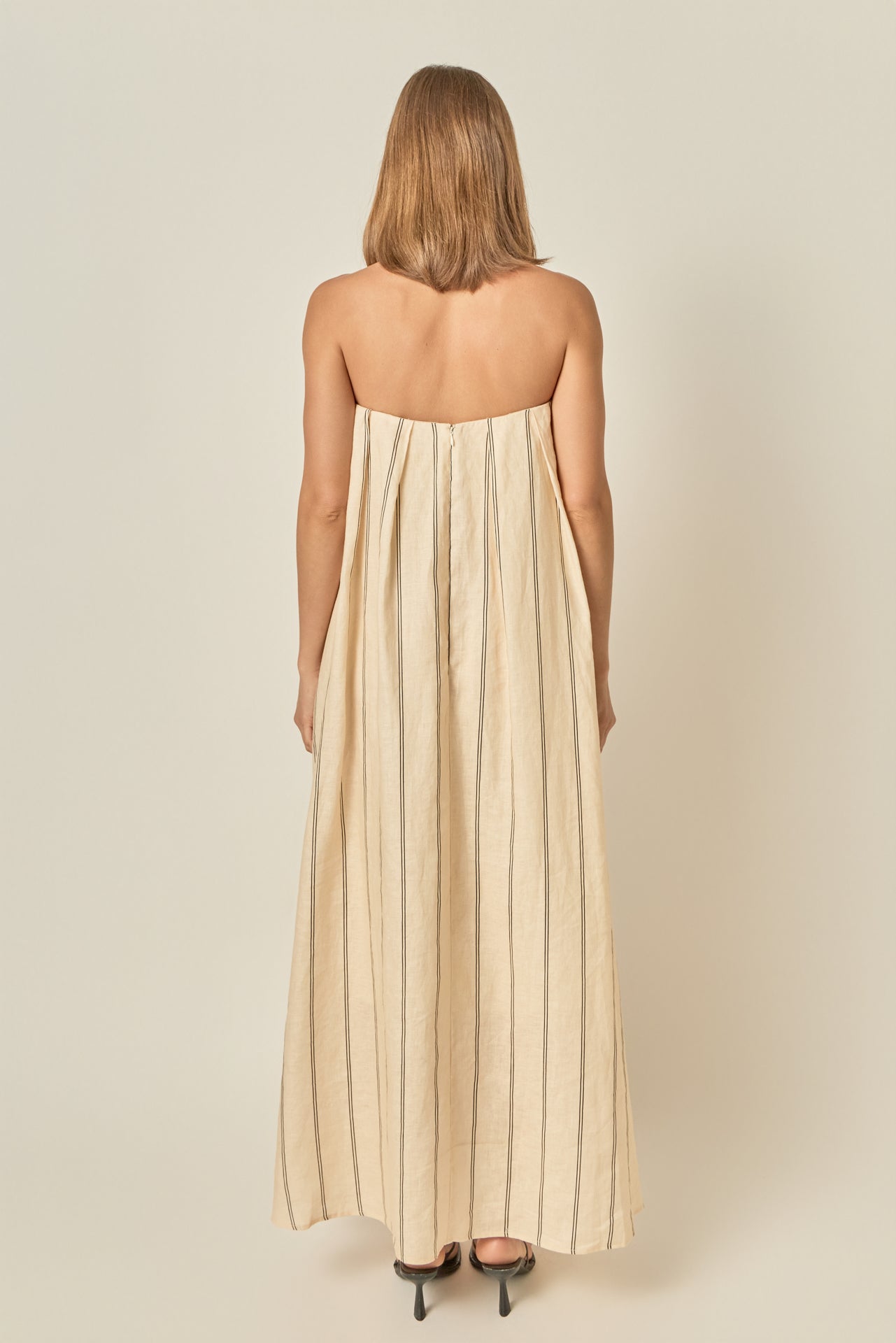 Strapless Pintuck Pleated Column Striped Woven Maxi Dress